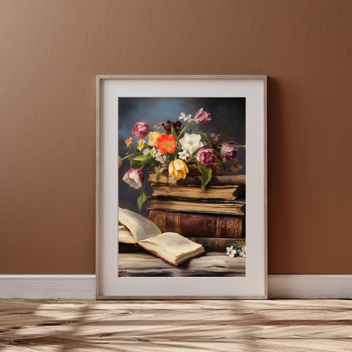 Antique Books with Blooming Tulips Dark Academia Still Life Poster - Image 4