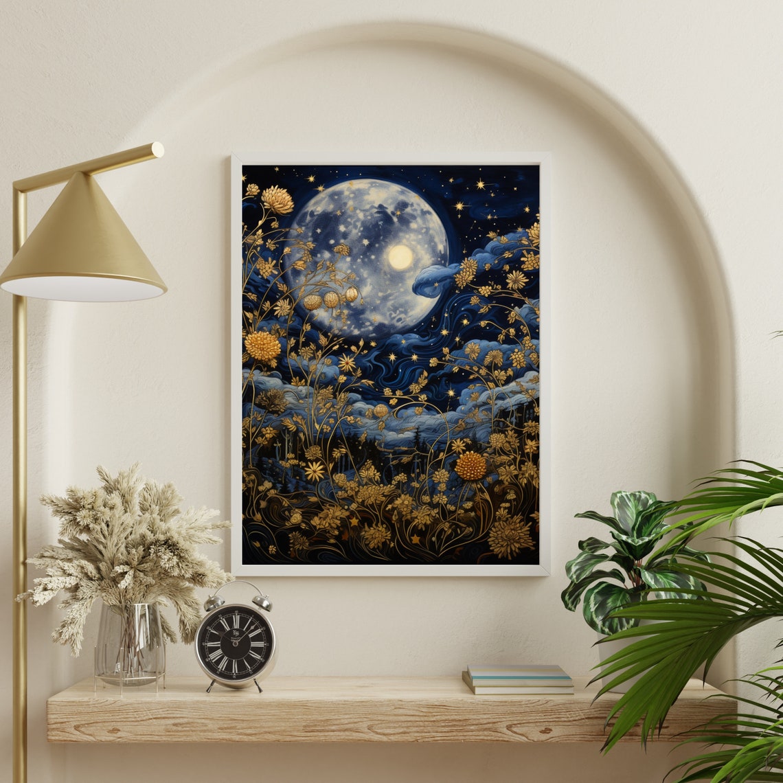 Enchanted Night Sky with Full Moon and Golden Flowers Poster - Image 5
