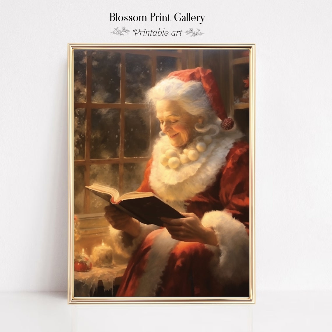 Mrs Claus Reading Book Candlelit Christmas Window Painting Poster