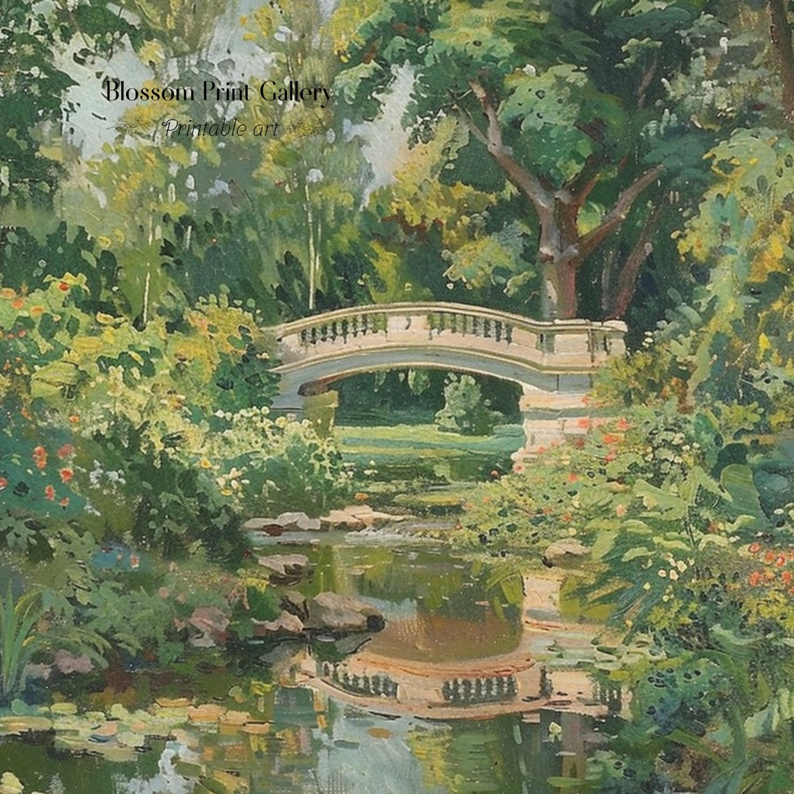 Stone Bridge Over Garden Pond Impressionist Summer Landscape Poster - Image 6