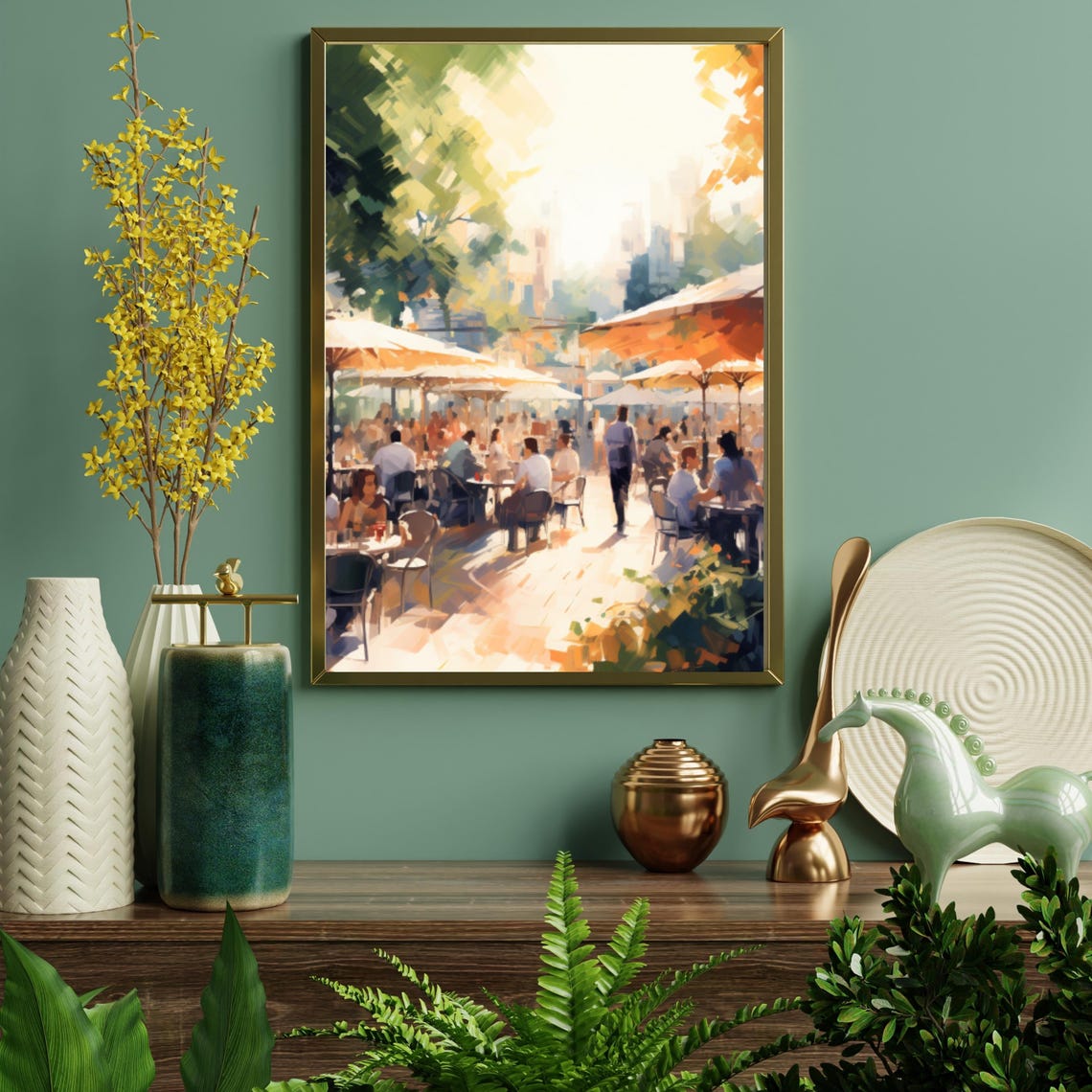 Sunny Outdoor Cafe Terrace With Umbrellas And Happy Diners Print - Image 6