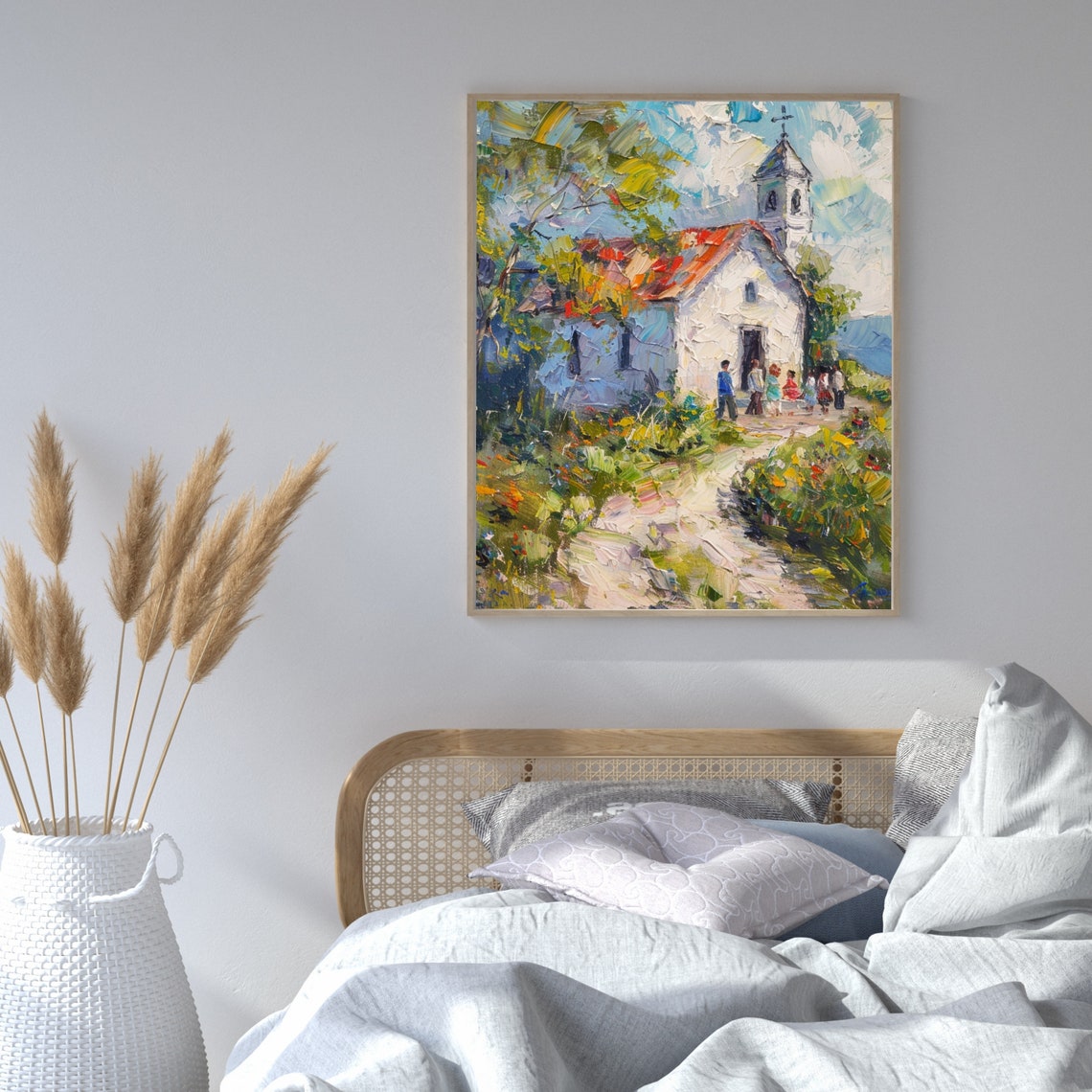 Village Church with Red Roof Impasto Style Spring Painting Poster - Image 3