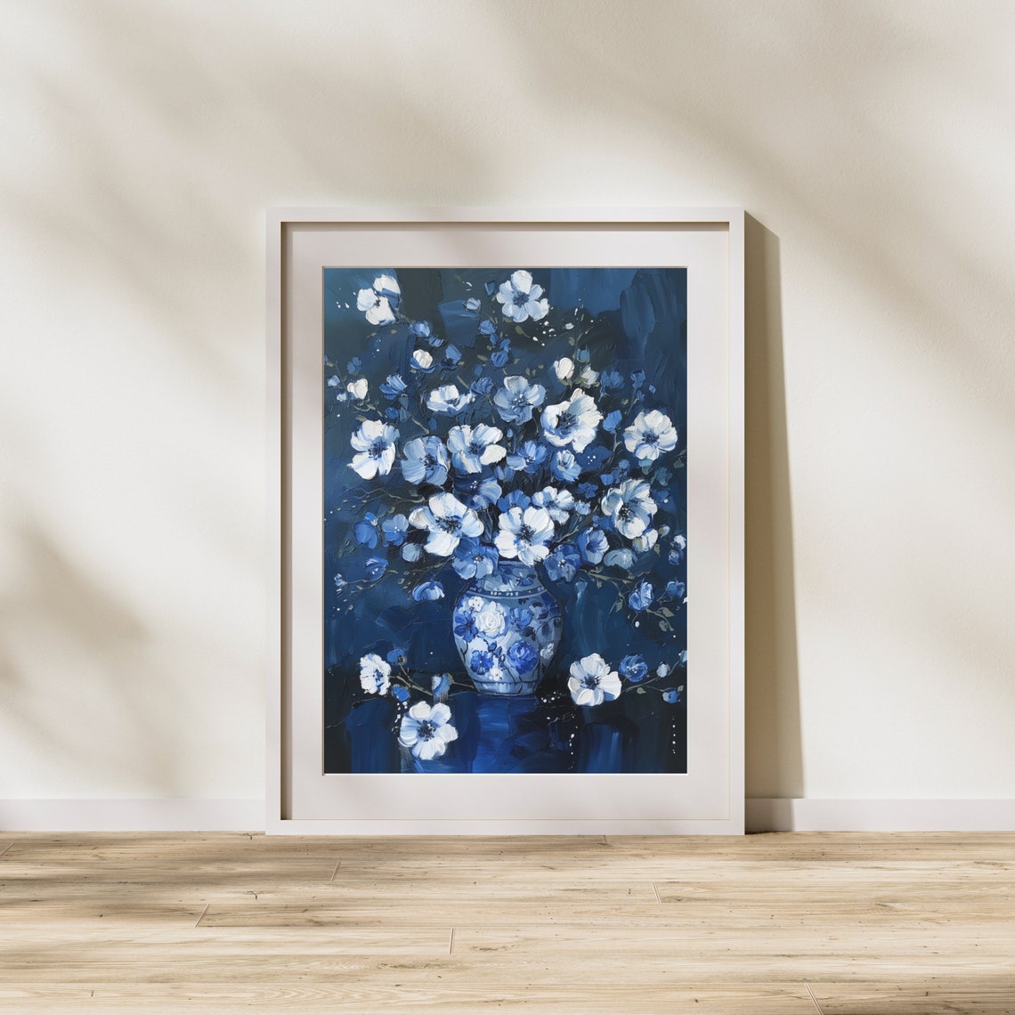 Blue And White Flowers In A Porcelain Vase On A Dark Background Print - Image 6