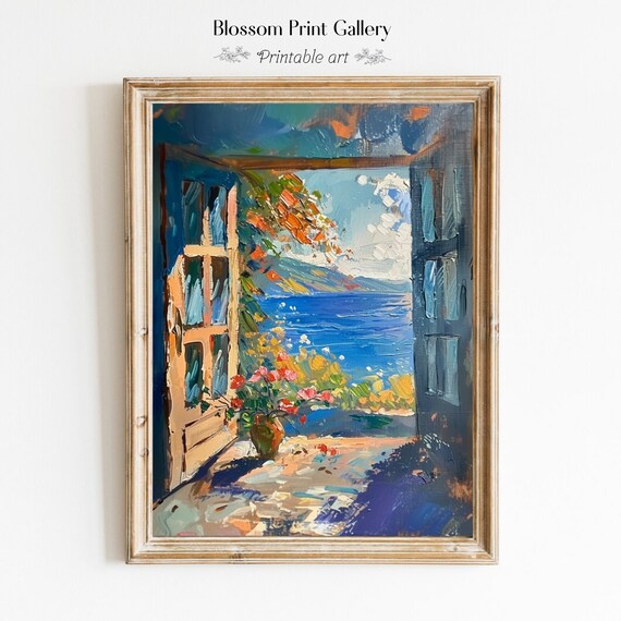 Mediterranean Sea View Through Open Windows Oil Painting Poster