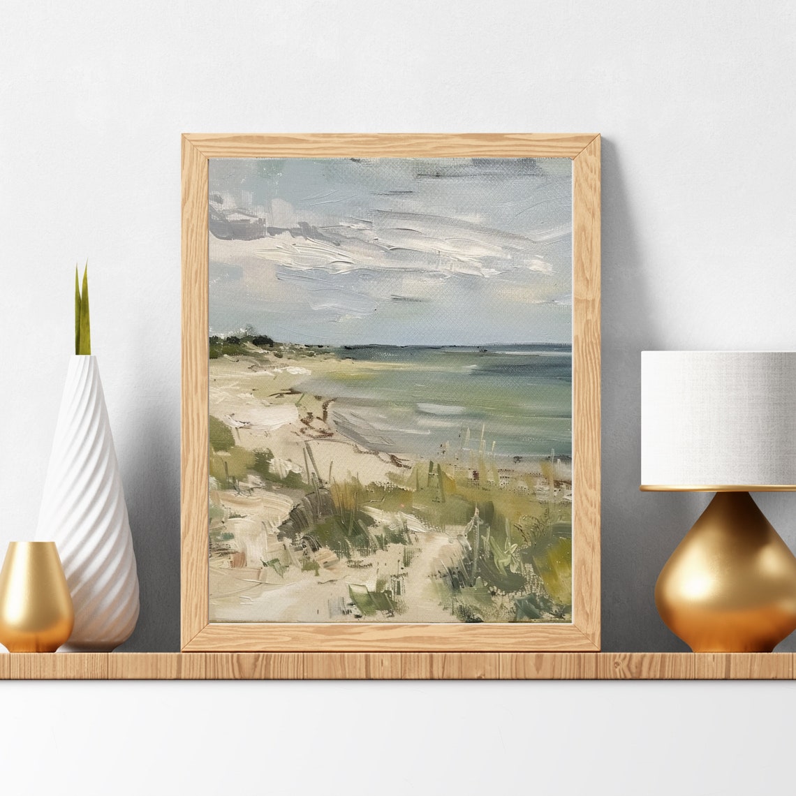 Serene Muted Coastal Dunes Seascape Calm Ocean Oil Painting Poster - Image 6