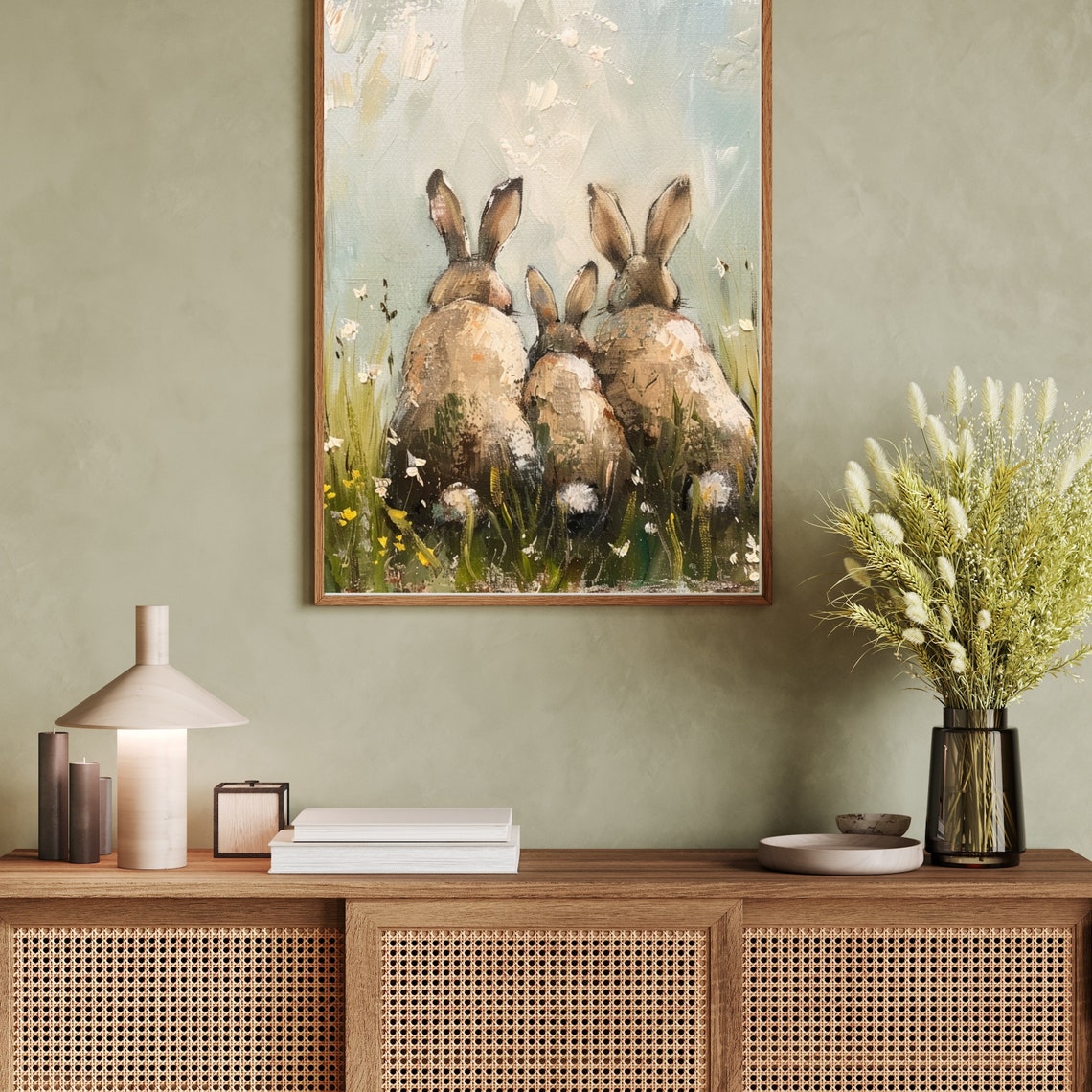 Three Rabbits Watching Wildflower Meadow Cute Bunny Painting Poster - Image 2