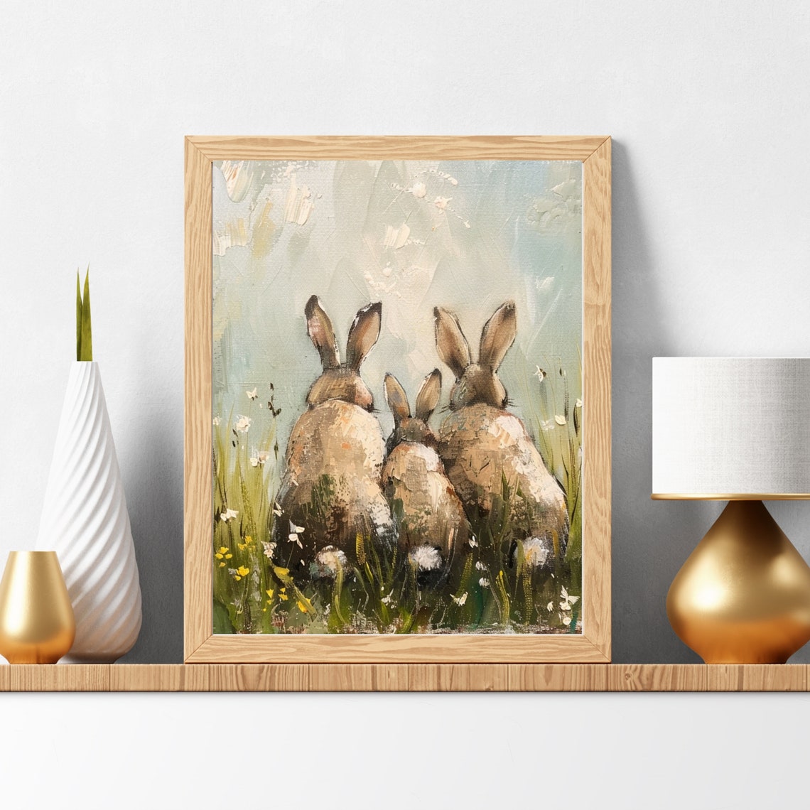 Three Rabbits Watching Wildflower Meadow Cute Bunny Painting Poster - Image 5
