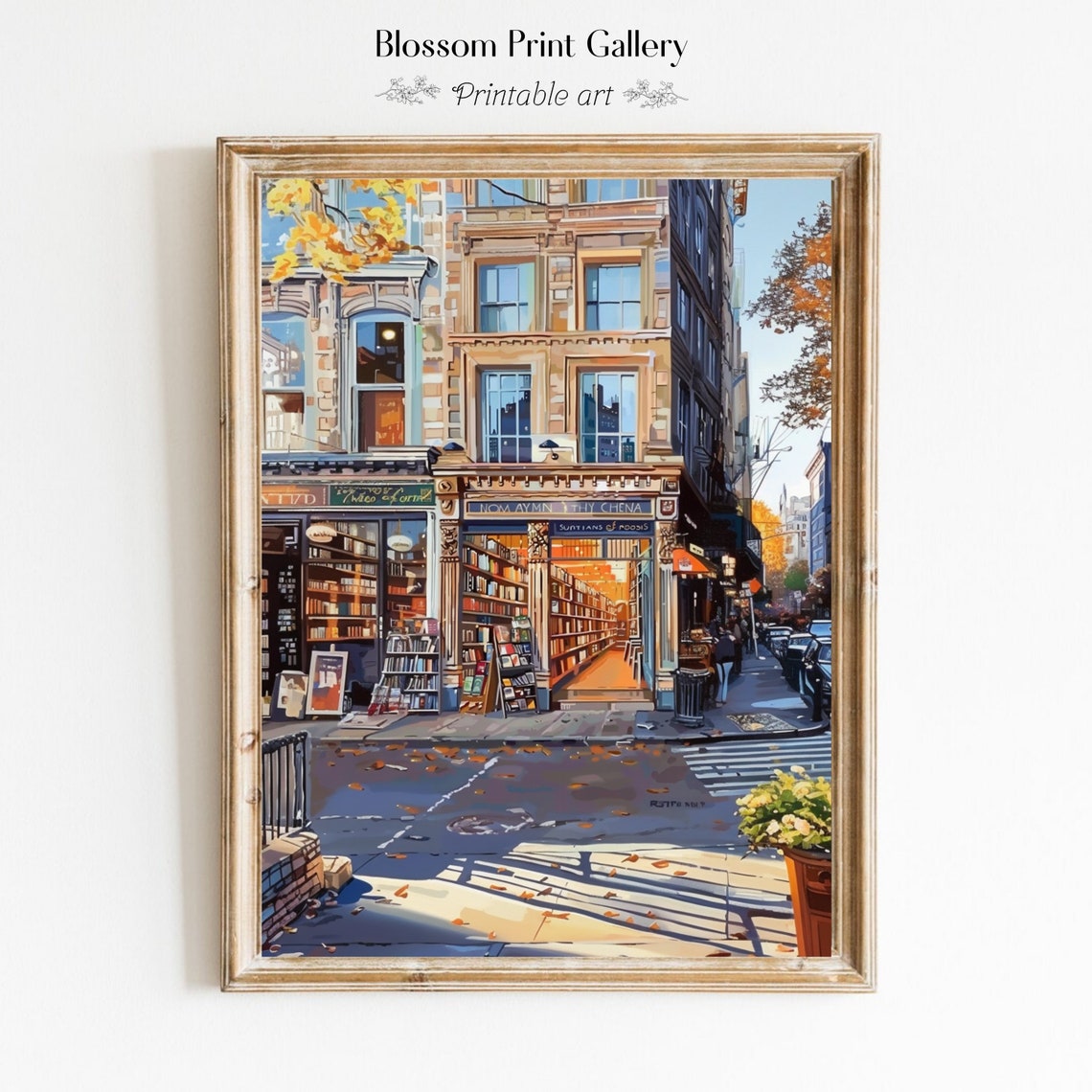 Autumn Bookstore Street Fall Leaves Historic City Painting Poster