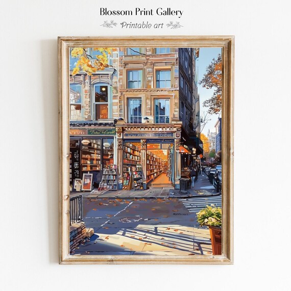 Autumn Bookstore Street Fall Leaves Historic City Painting Poster
