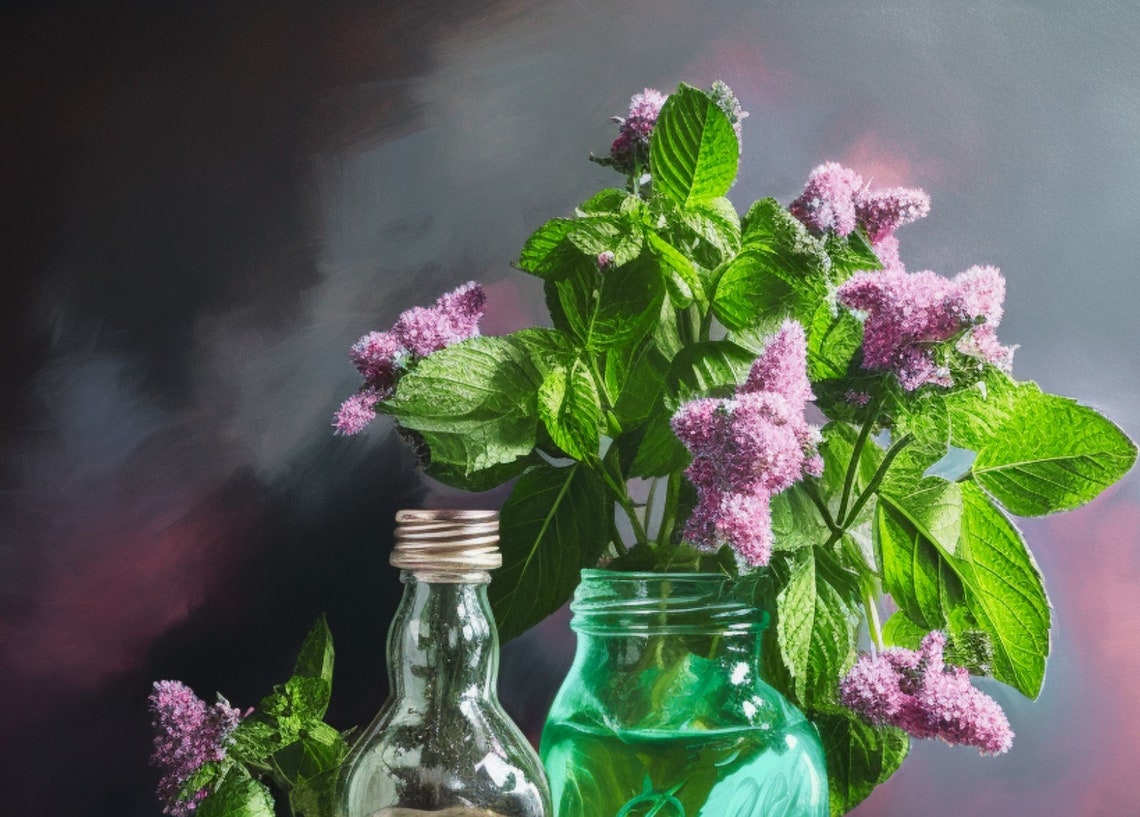 Green Glass Bottle with Lemons and Pink Flowers Still Life Poster - Image 3