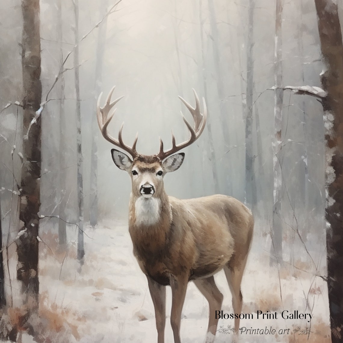 White Tailed Deer Stag Snowy Forest Winter Wildlife Art Poster - Image 2