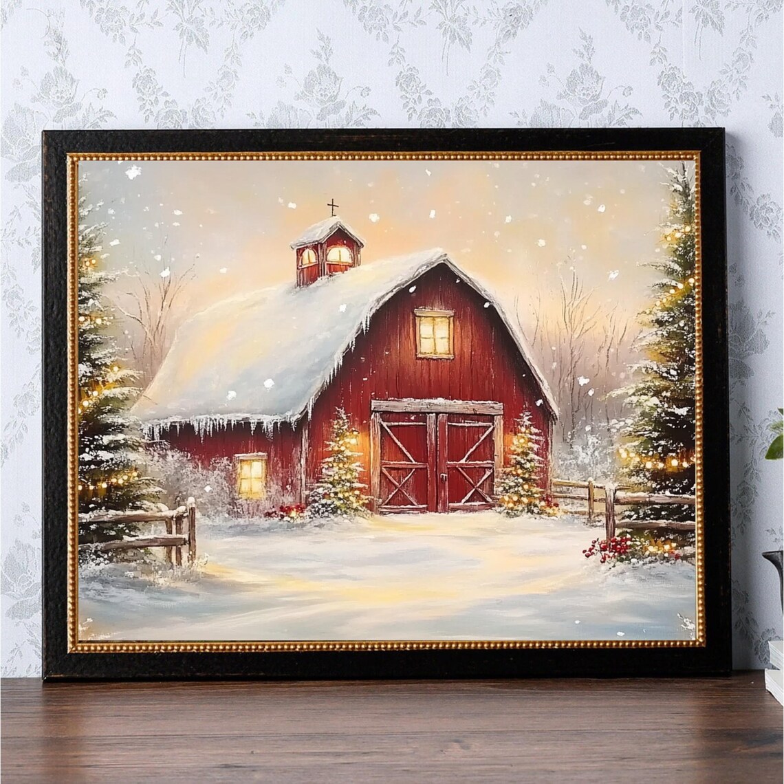 Snowy Red Barn Glowing Christmas Lights Winter Farm Art Poster - Image 2