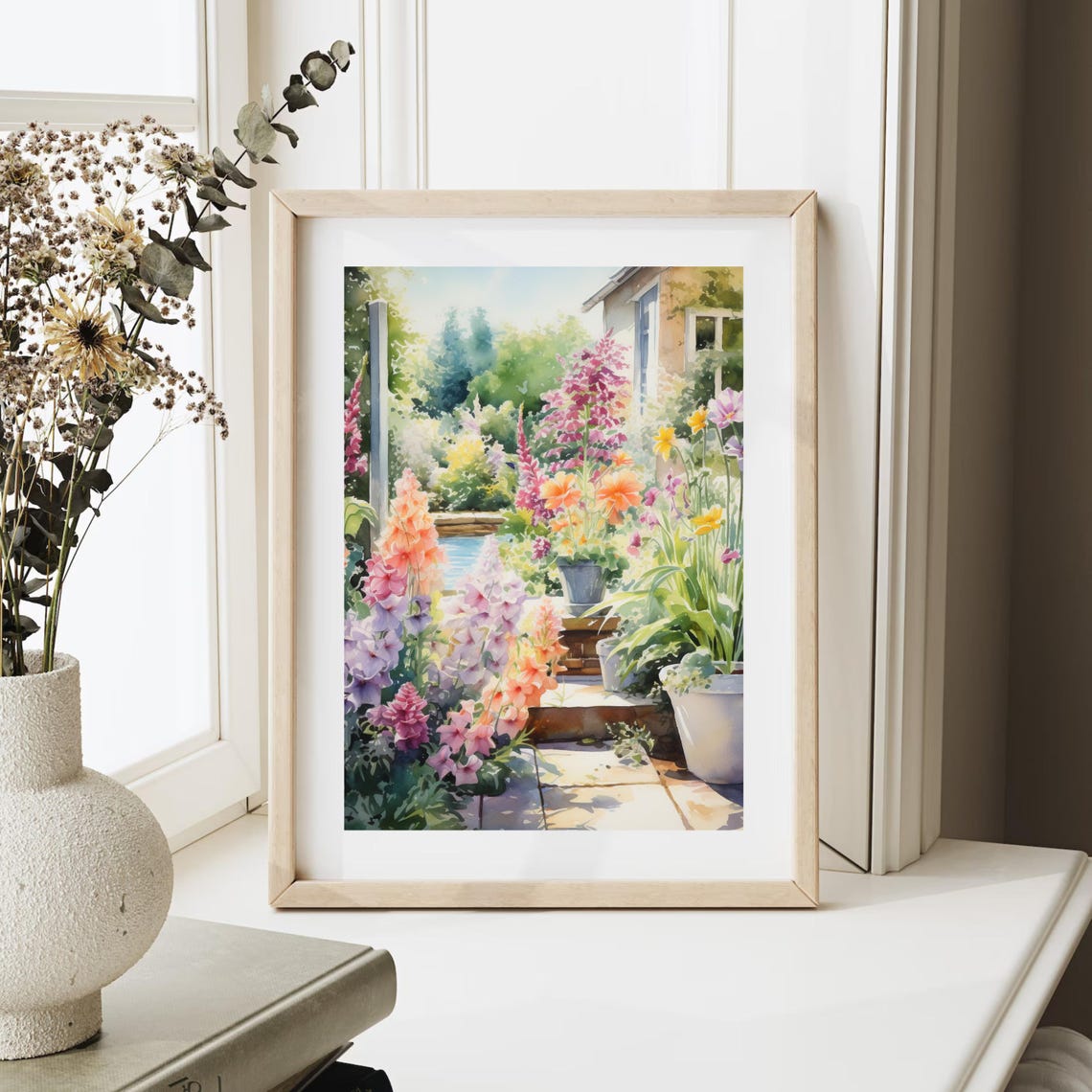 Sunny Mediterranean Flower Garden Colorful Blooms Watercolor Poster - Image 6