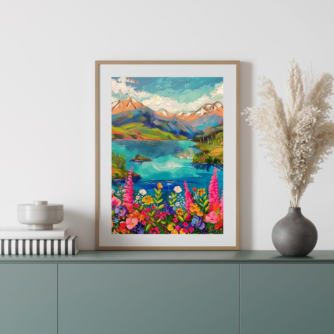 Colorful Mountain Lake with Wildflowers Vibrant Landscape Poster - Image 2