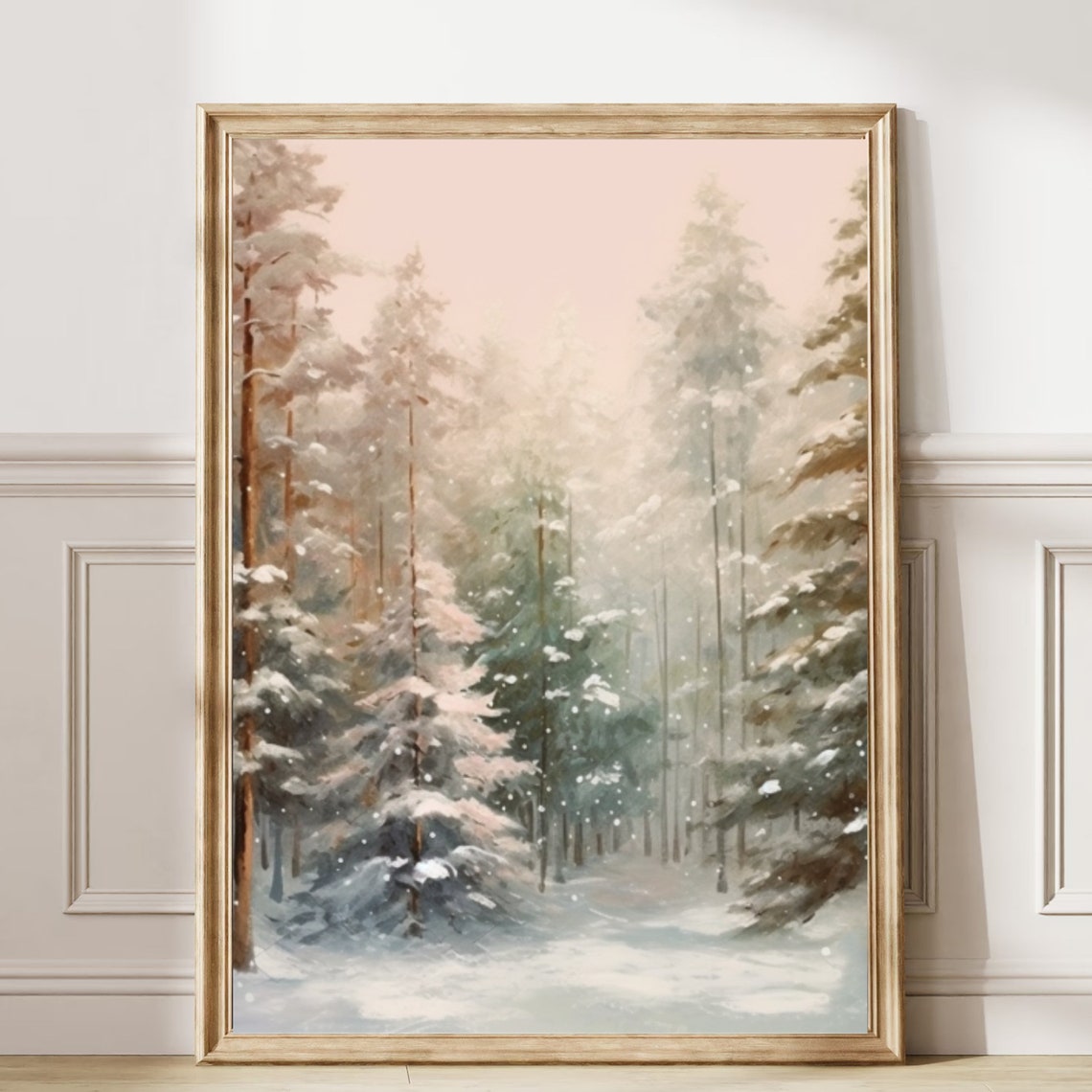 Misty Snowy Pine Forest In Soft Blush Tones With Falling Snow Print - Image 6