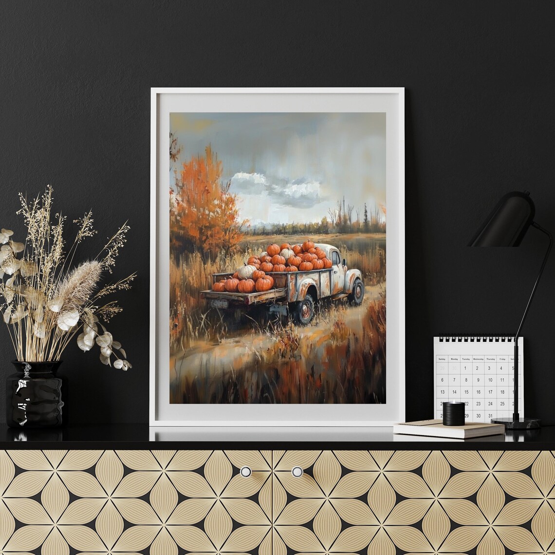 Vintage White Truck Loaded With Pumpkins Autumn Field Fall Decor Poster - Image 4