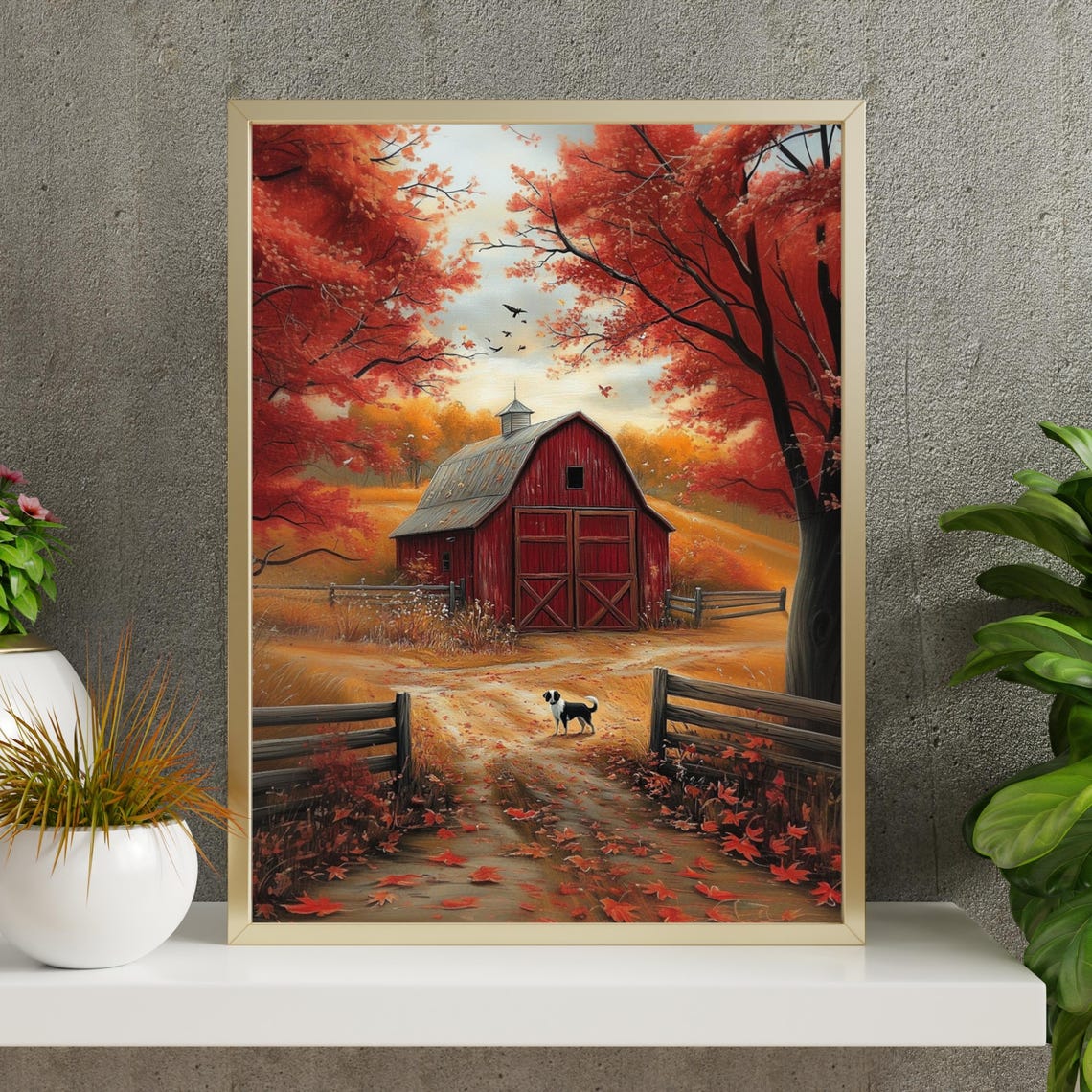 Red Barn in Autumn with Scarlet Maples and a Country Dog Poster - Image 3