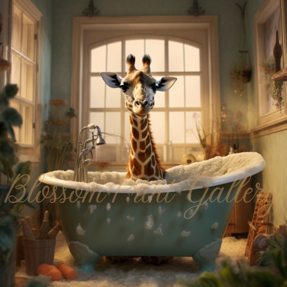 Funny Giraffe in Bubble Bathtub Whimsical Humor Bathroom Painting Poster - Image 3