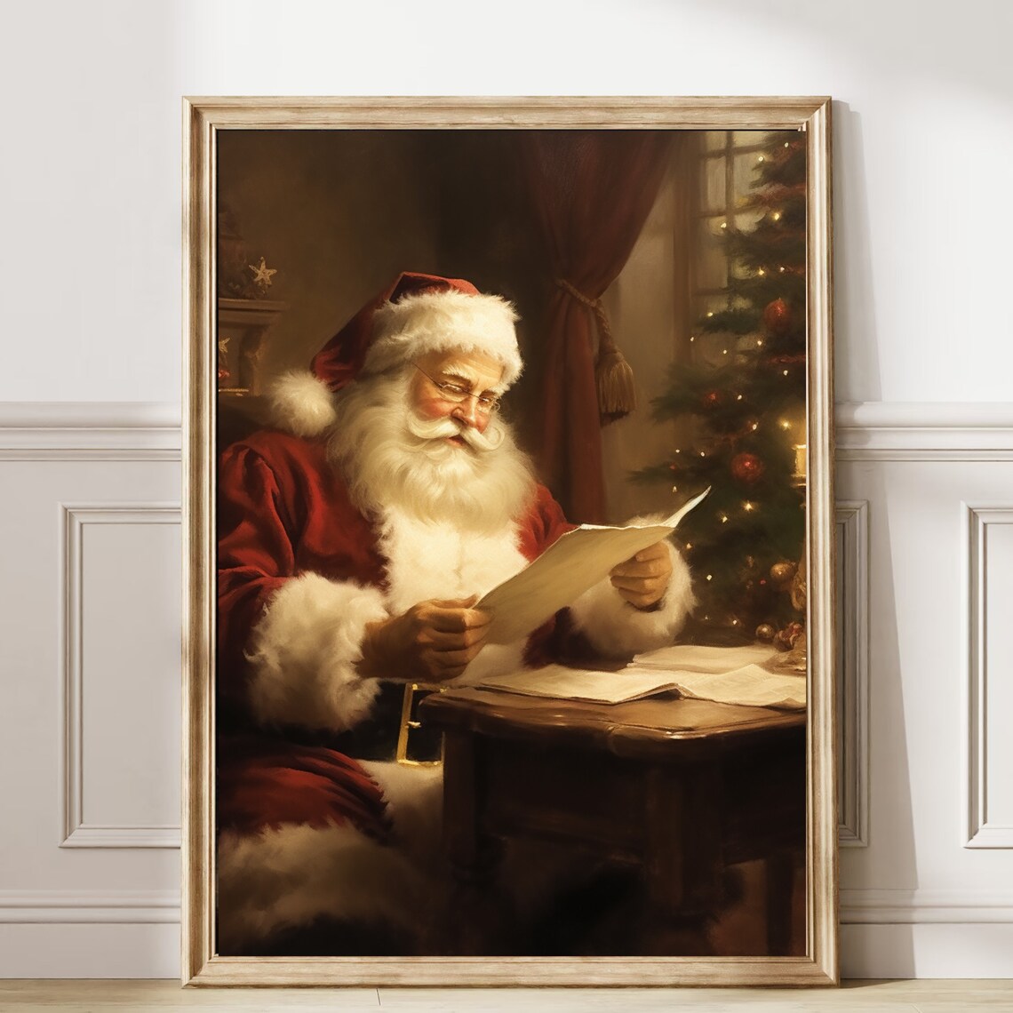 Santa Claus Reading Letters Vintage Christmas Night Painting Poster - Image 6