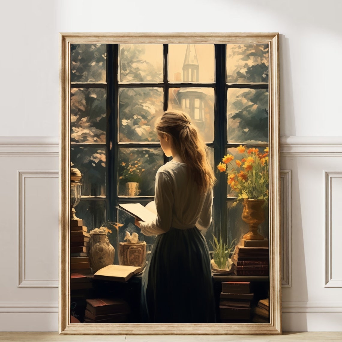 Girl Reading At Grand Window With Books Vintage Dark Art Poster - Image 6