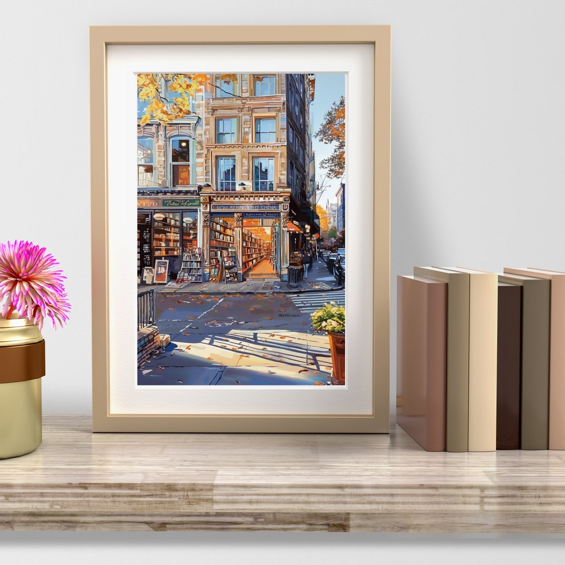 Autumn Bookstore Street Fall Leaves Historic City Painting Poster - Image 3