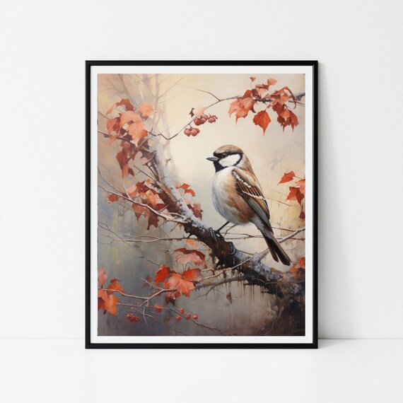 Songbird Perched On Red Autumn Branch Vintage Bird Painting Poster