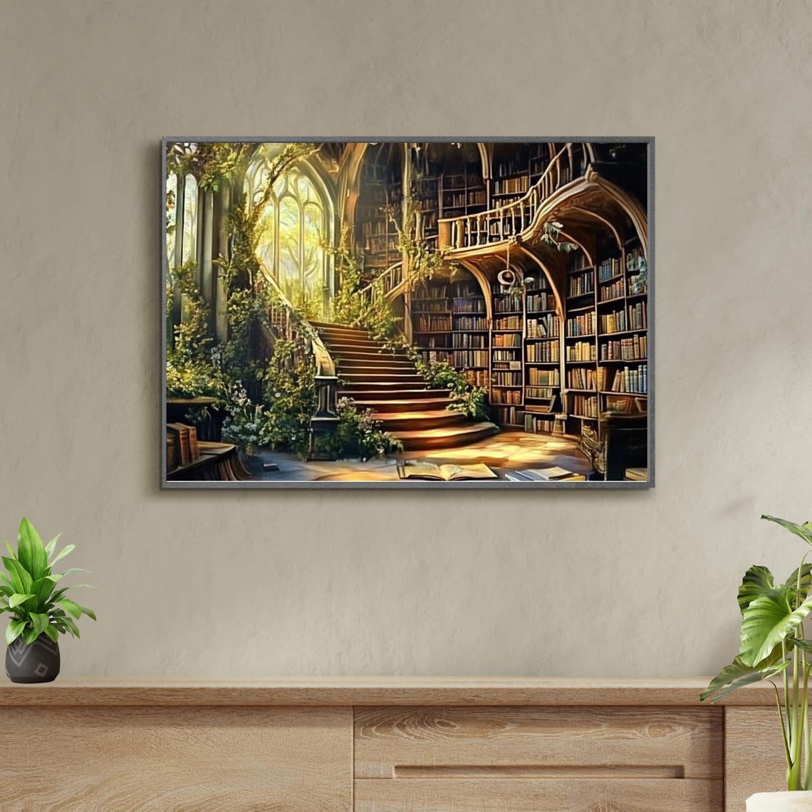 Enchanted Grand Library With Staircase Fantasy Art Painting Poster - Image 6