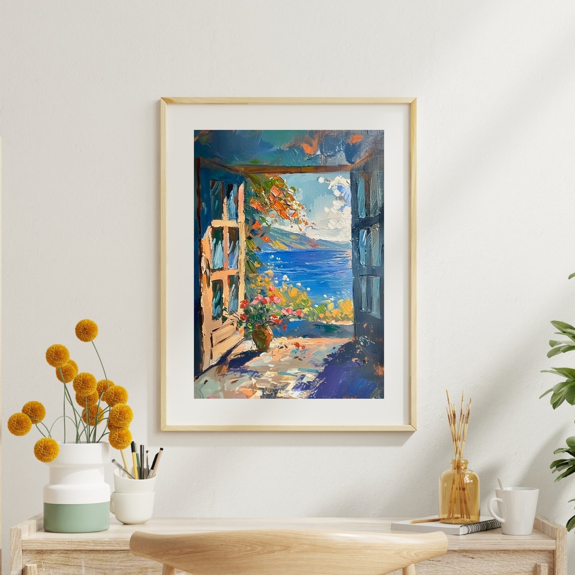 Mediterranean Sea View Through Open Windows Oil Painting Poster - Image 5