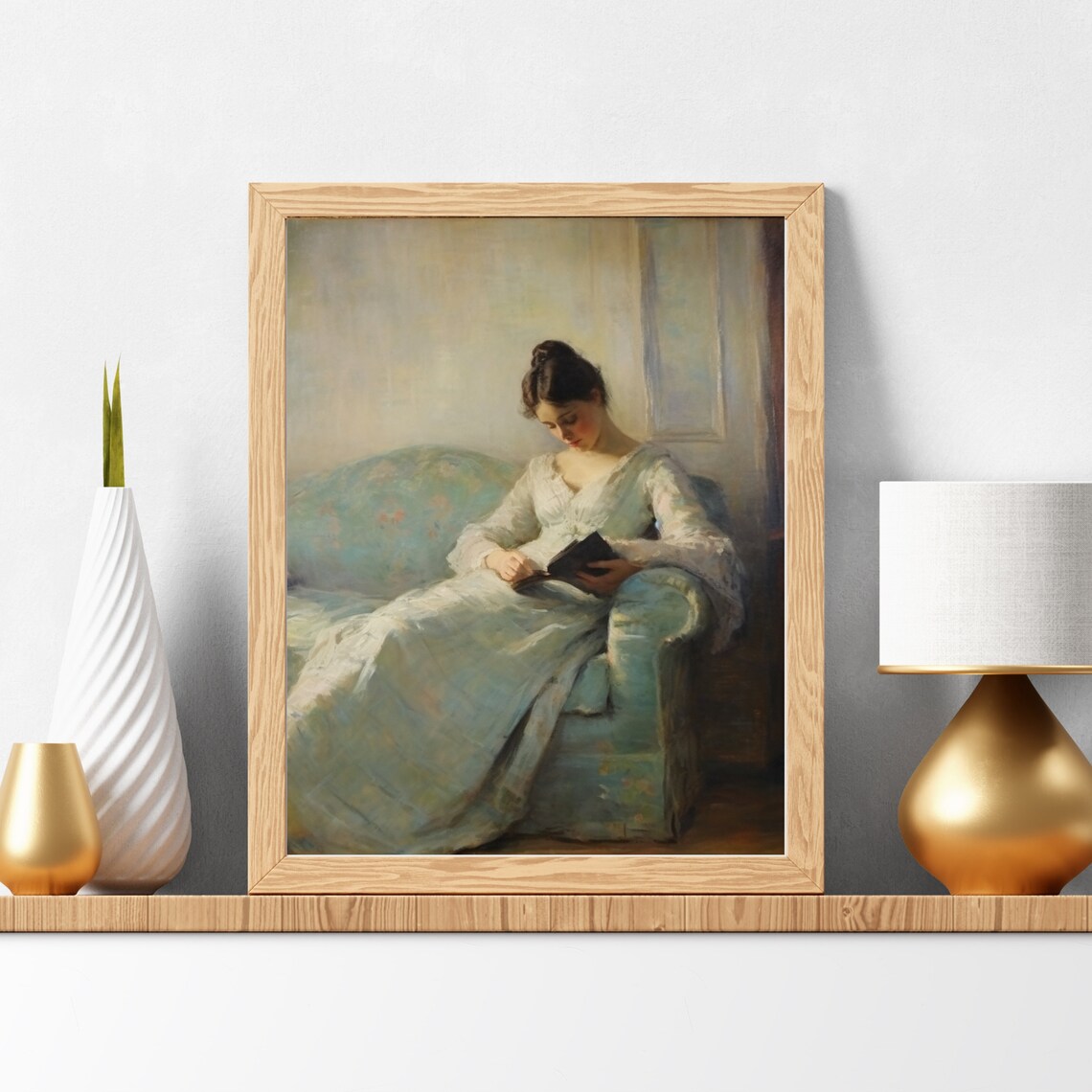 Impressionist Woman Reading Book on Sofa Vintage Interior Painting Poster - Image 4