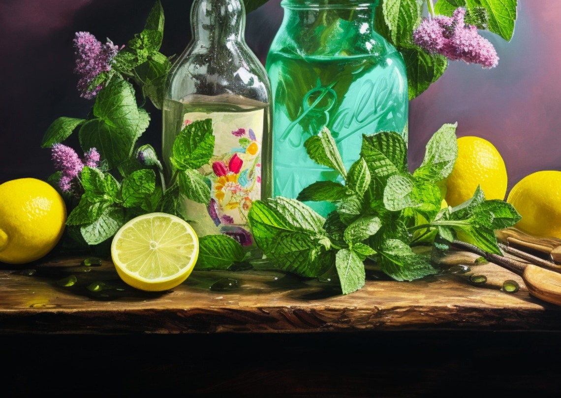 Green Glass Bottle with Lemons and Pink Flowers Still Life Poster - Image 4