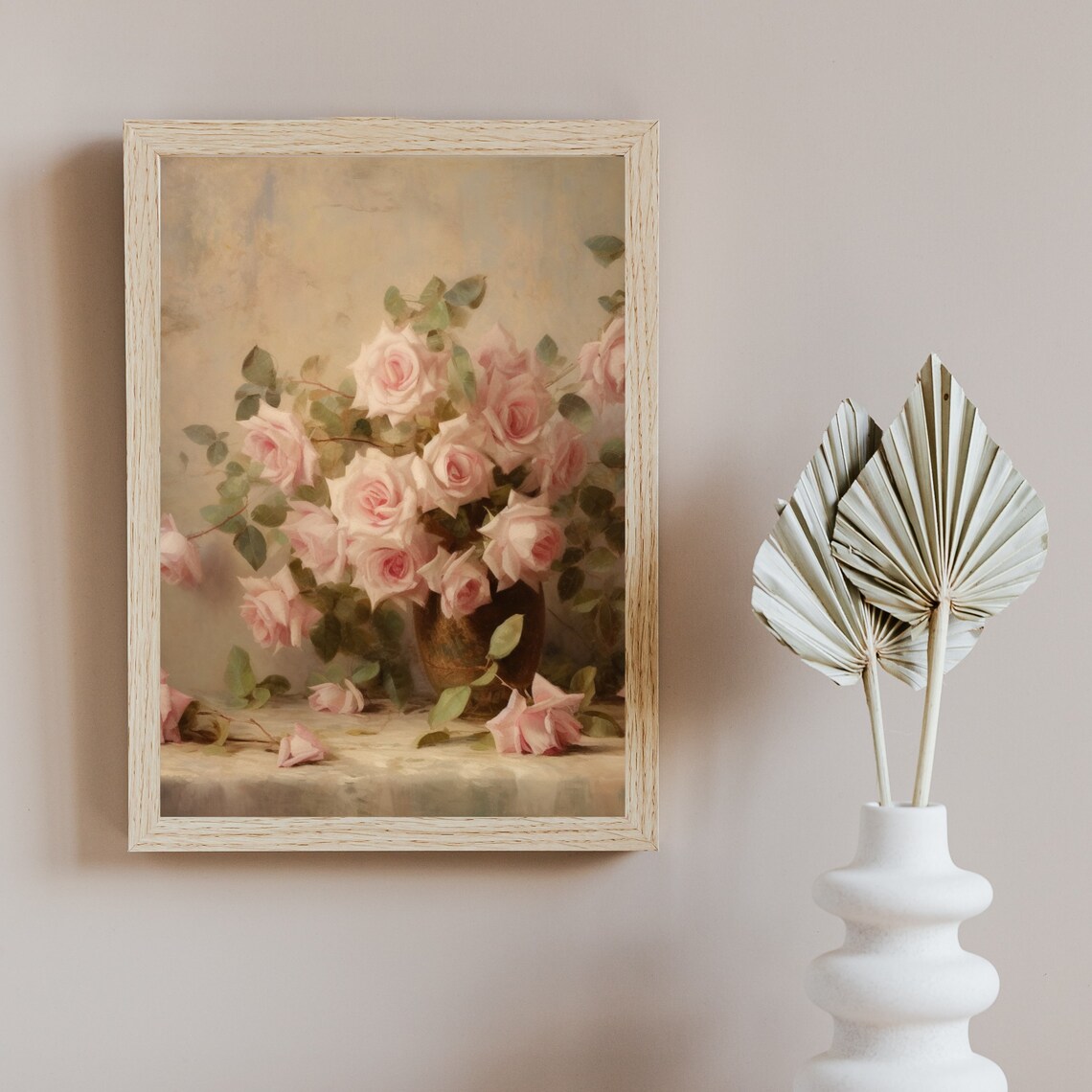 Soft Pink Roses Bouquet In Vase Vintage Floral Painting Poster - Image 5