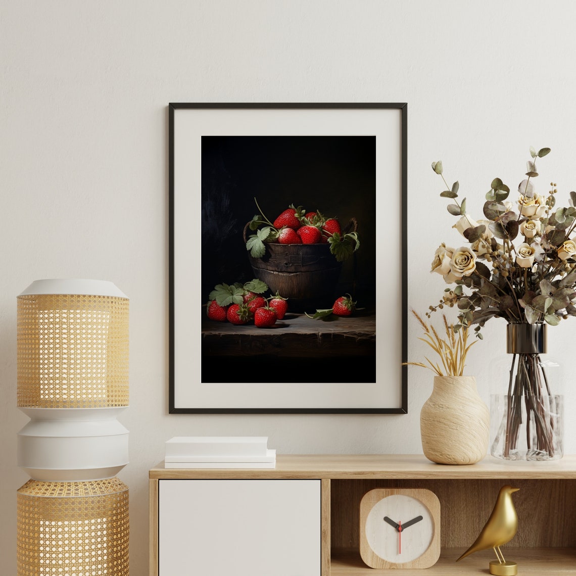 Ripe Red Strawberries In Wooden Bucket Moody Still Life Poster - Image 6