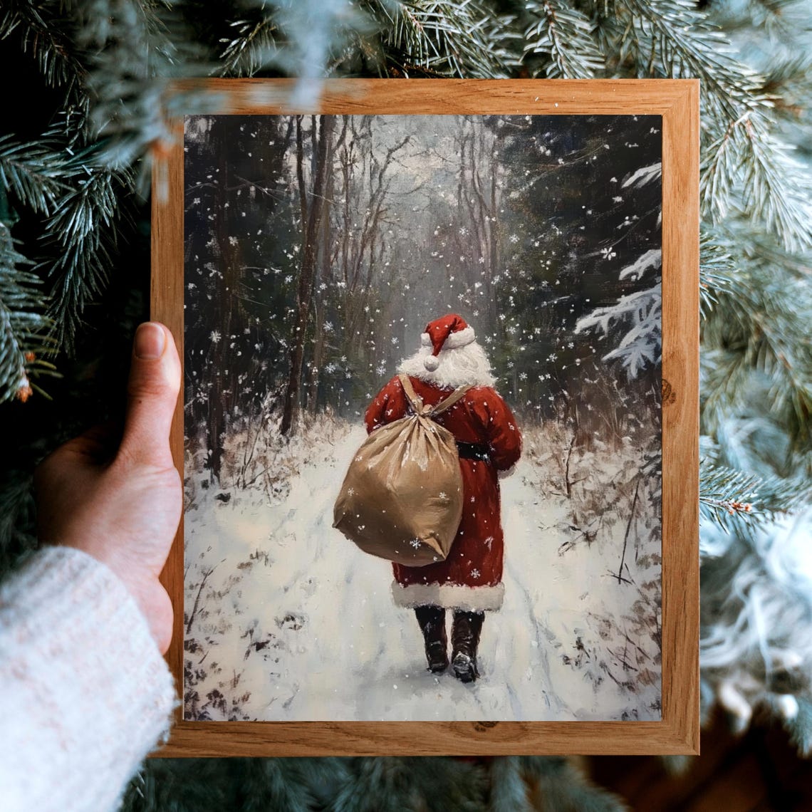 Santa Claus In Winter Forest Print Christmas Home Decor Vintage Christmas Snowy Landscape Art Vintage Santa Oil Painting 768 - Image 3