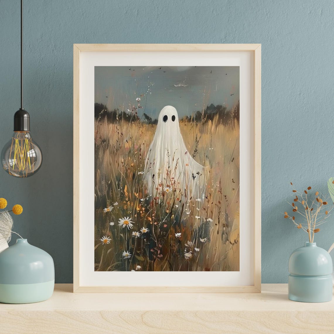 Cute Ghost In Wildflower Meadow Dark Moody Halloween Holiday Print - Image 2