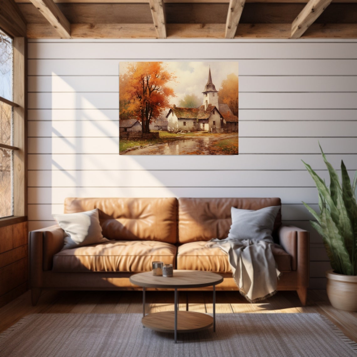 Autumn Village Church with Orange Fall Trees Painting Poster - Image 4