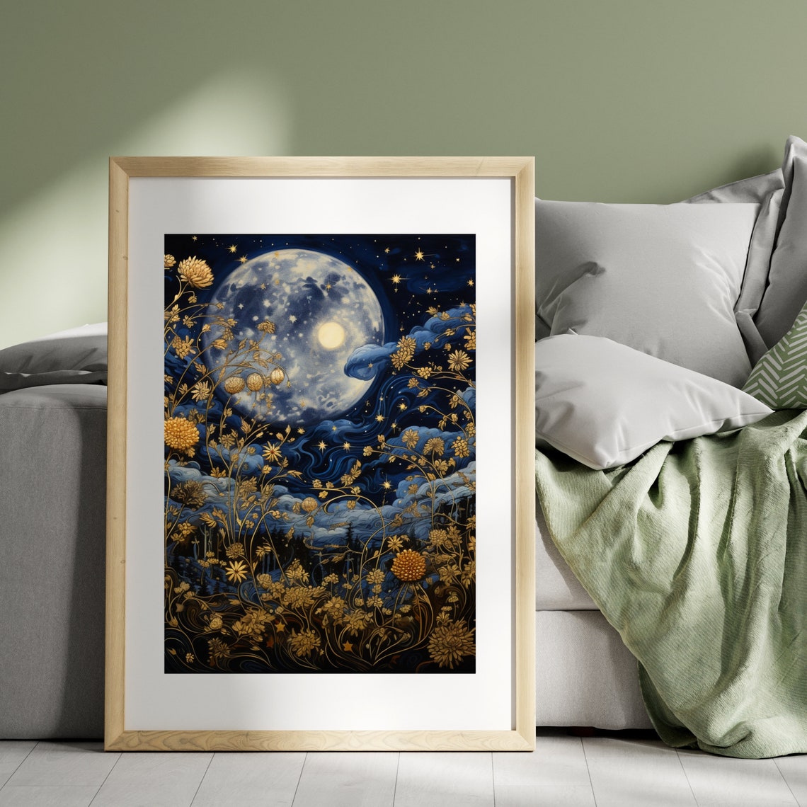 Enchanted Night Sky with Full Moon and Golden Flowers Poster - Image 3