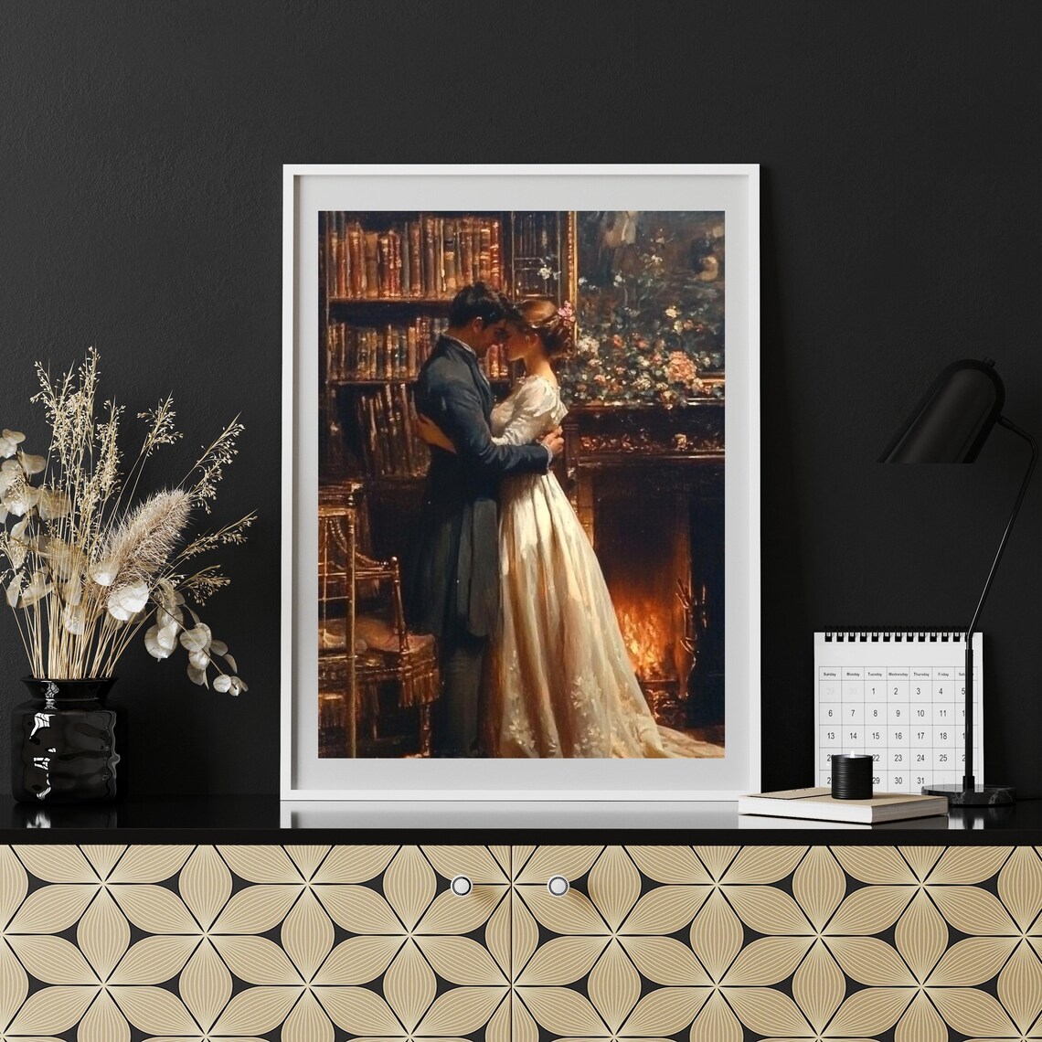 Romantic Couple Kiss Library Fireplace Vintage Love Painting Poster - Image 2