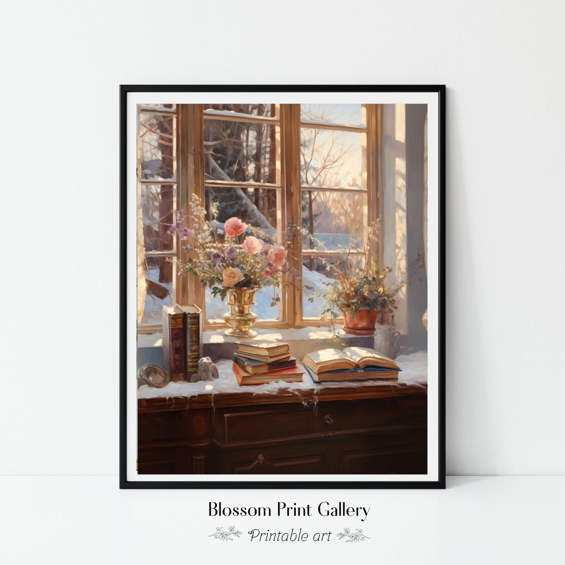 Winter Window Still Life With Books And Flowers Snowy Scene Poster - Image 6