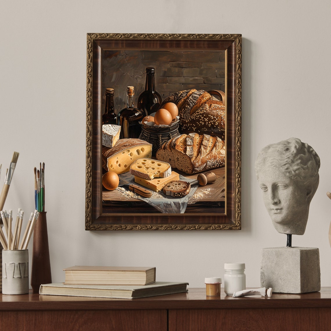 Hearty Rustic Bread Cheese Eggs And Wine Still Life Kitchen Poster - Image 5