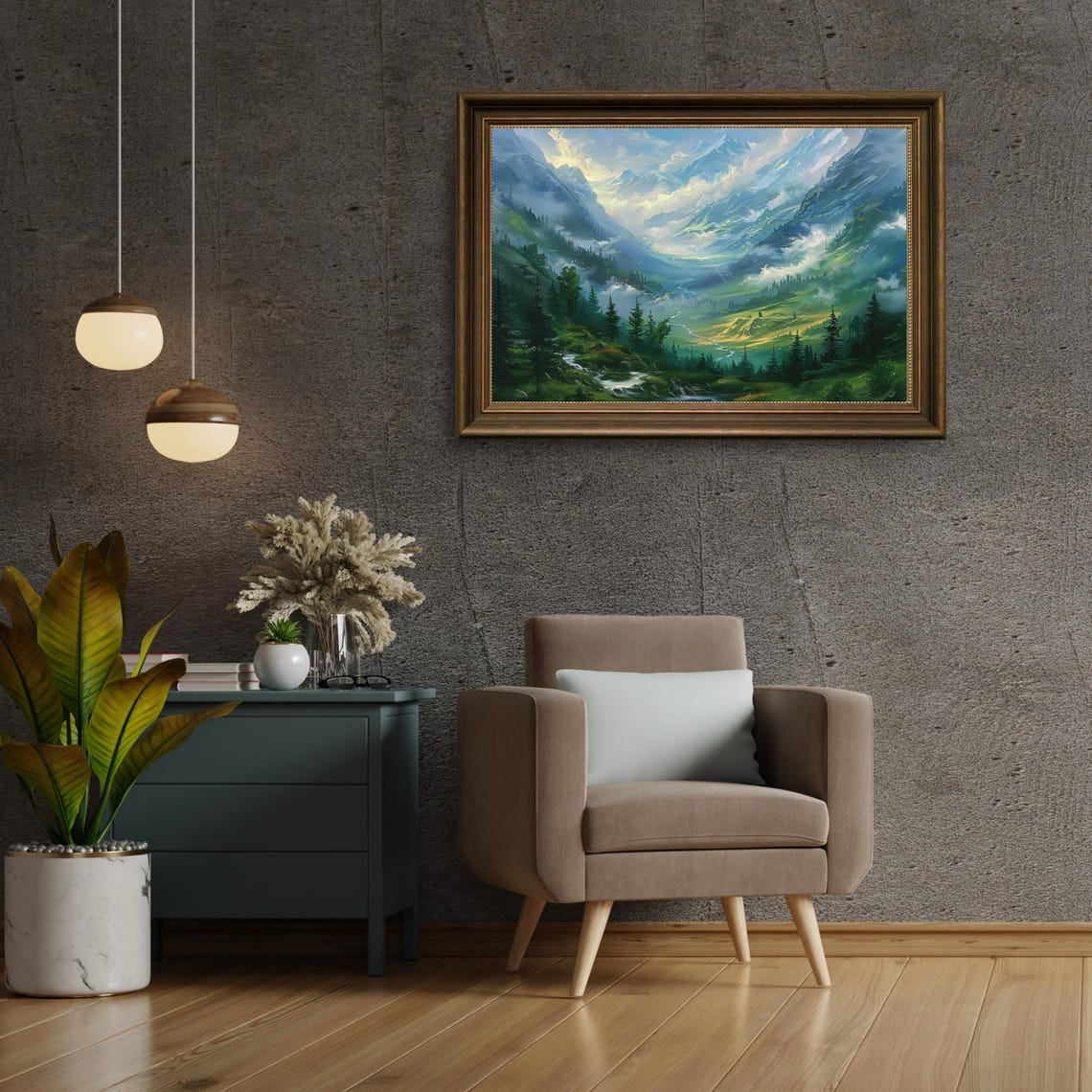 Misty Alpine Mountain Valley with Waterfall Landscape Painting Poster - Image 3