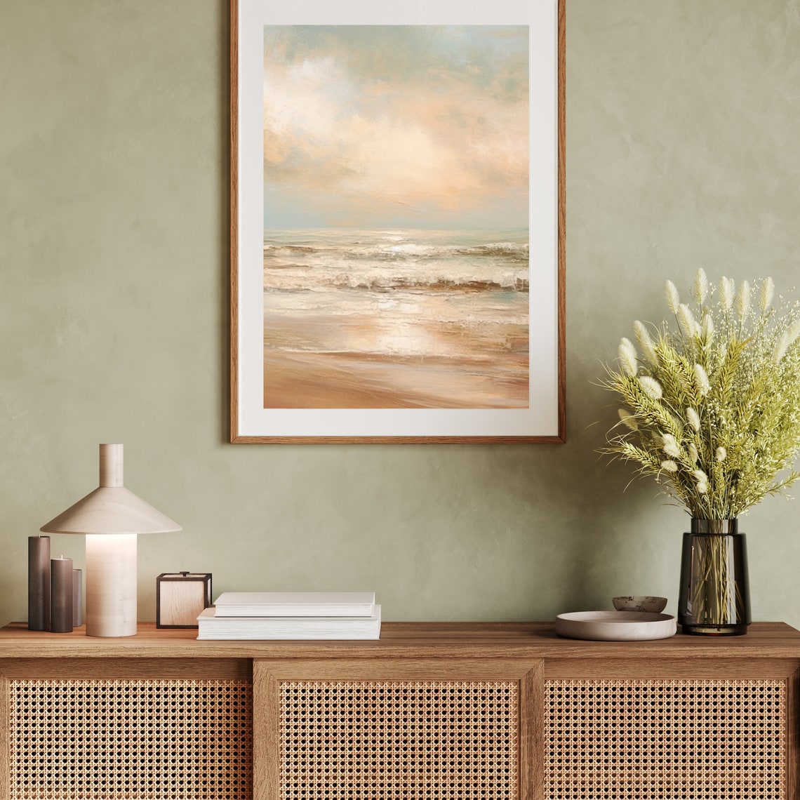 Soft Sandy Beach Waves under Cloudy Sky Coastal Painting Poster - Image 6