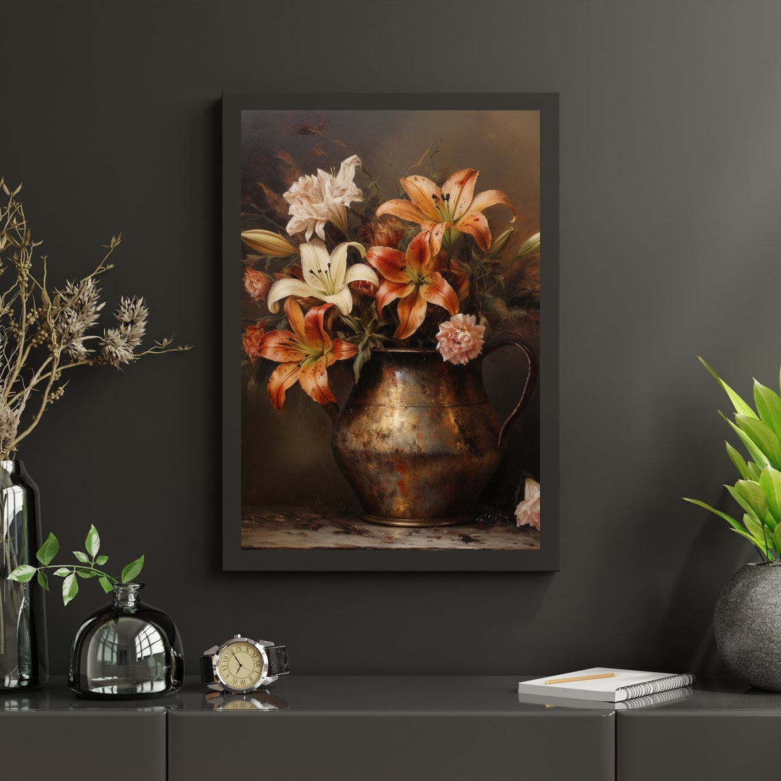 White And Orange Lilies In Brass Pitcher Vintage Floral Poster - Image 5