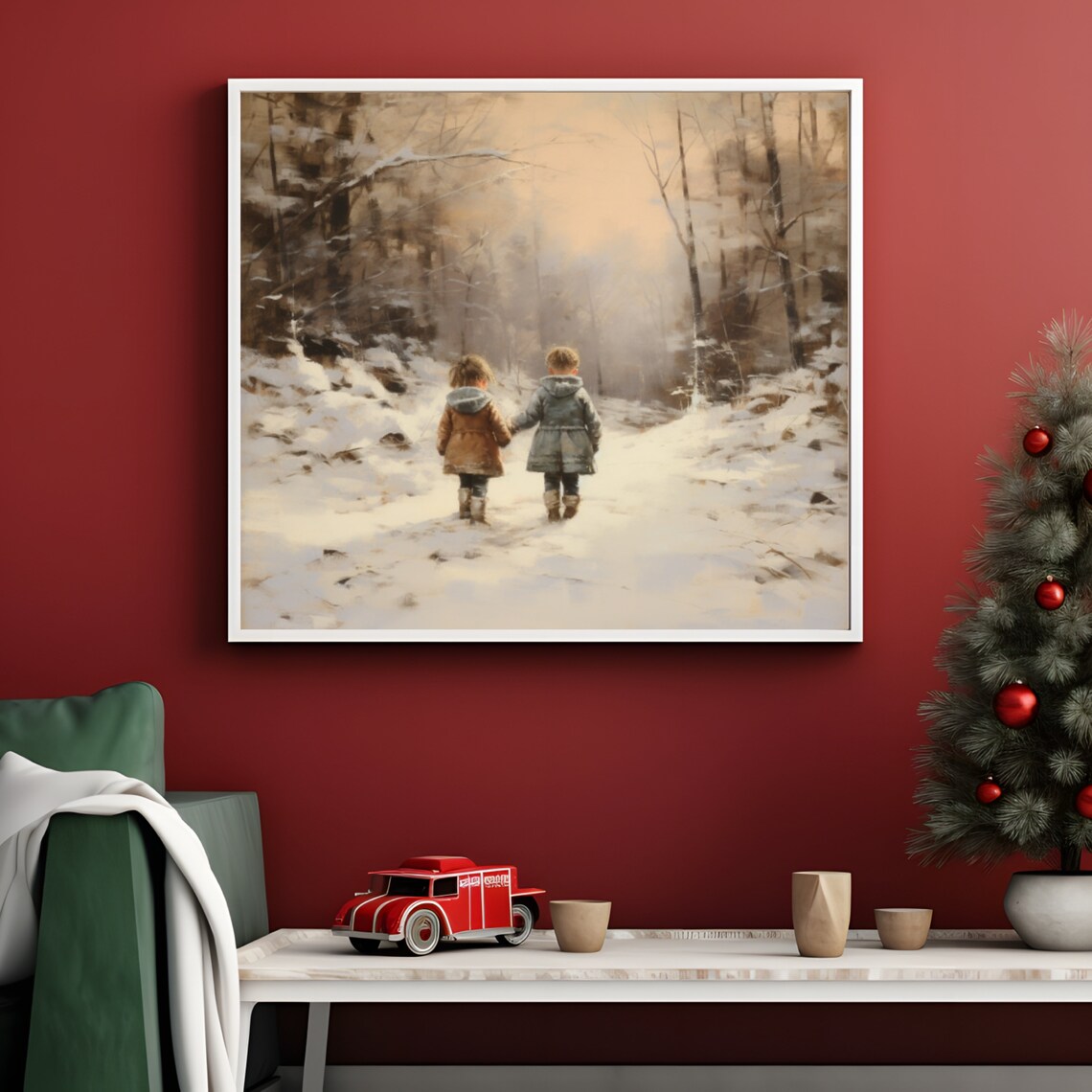 Two Children Snowy Forest Golden Hour Winter Painting Poster - Image 3