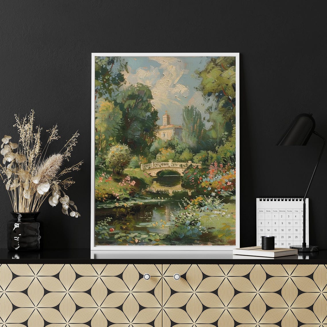 Vintage Garden Stone Bridge Reflecting Pond Villa Landscape Art Poster - Image 6