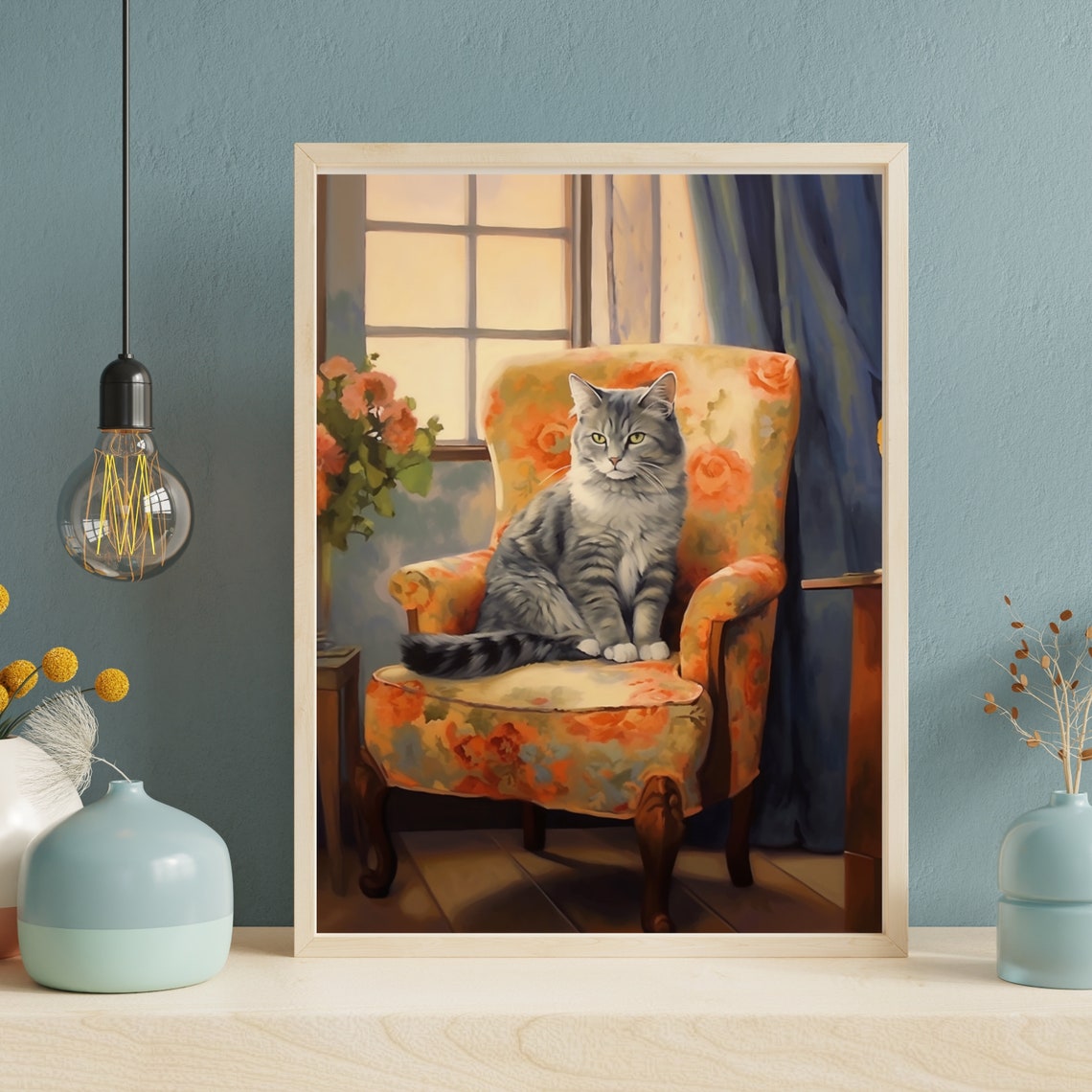 Grey Tabby Cat On Vintage Floral Armchair Cozy Window Portrait Poster - Image 4