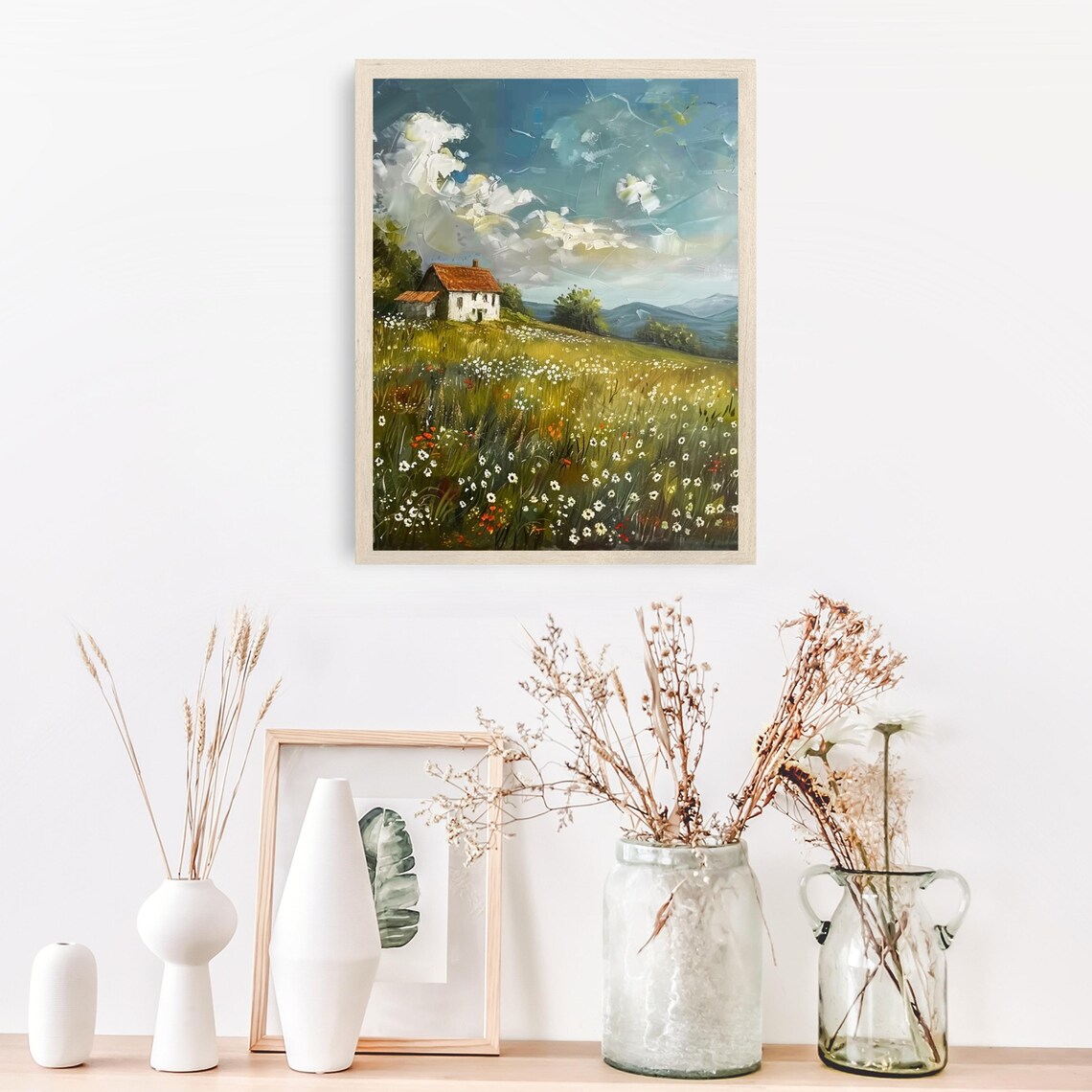 Wildflower Meadow With White Farmhouse Impasto Clouds Rustic Art Poster - Image 5