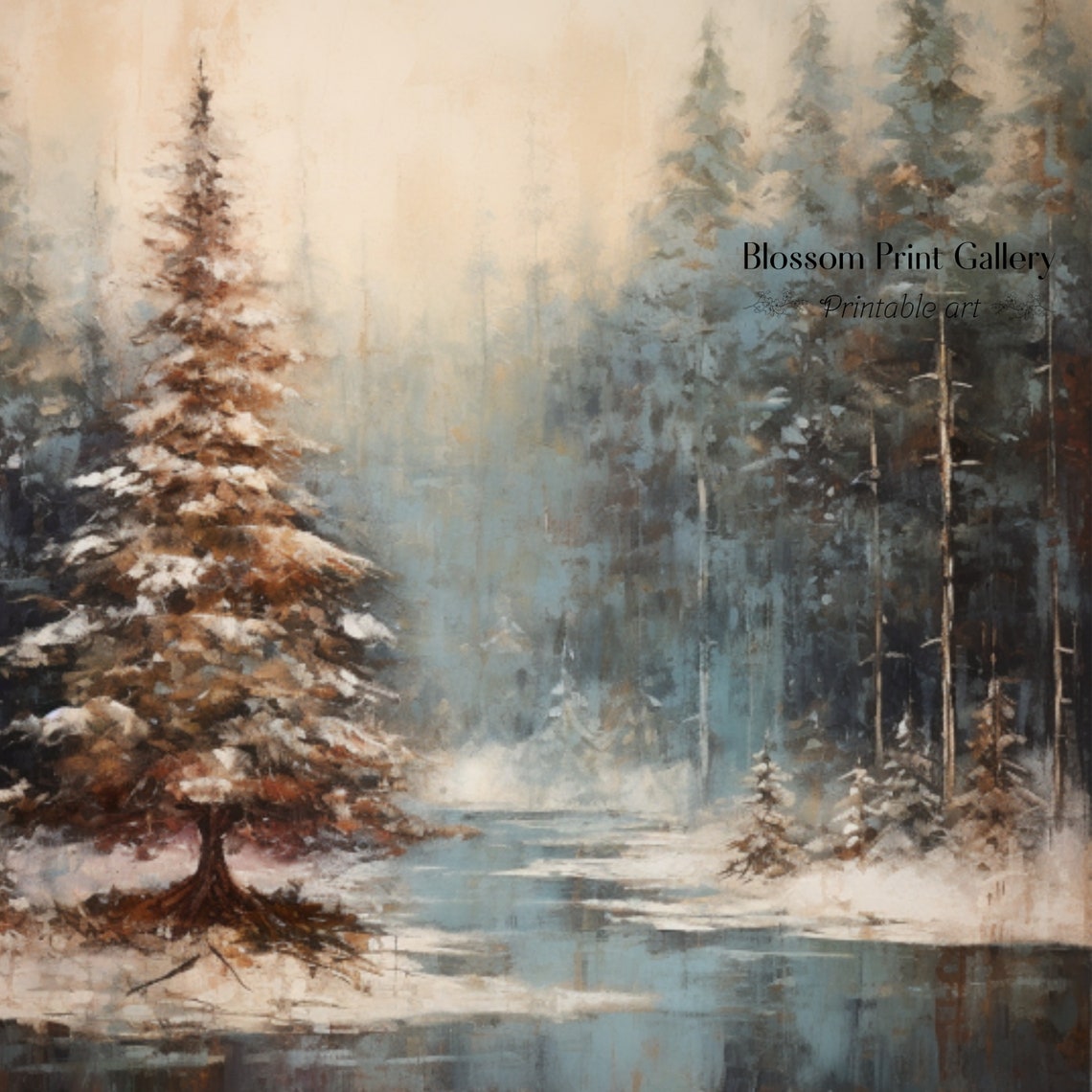 Snowy Evergreen in a Misty Winter Forest Moody Painting Poster - Image 3
