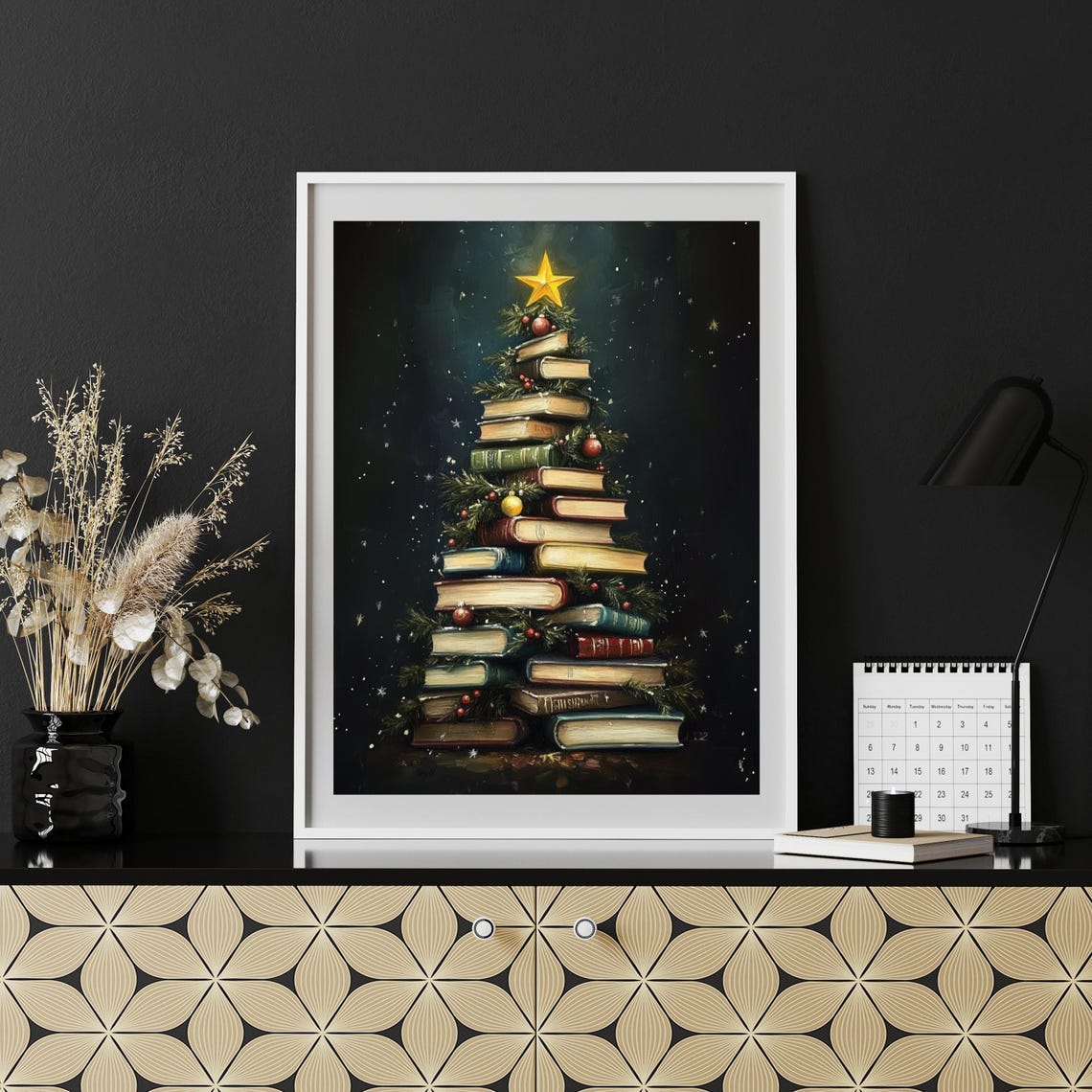 Vintage Stacked Books Christmas Tree Star Book Lover Holiday Poster - Image 4