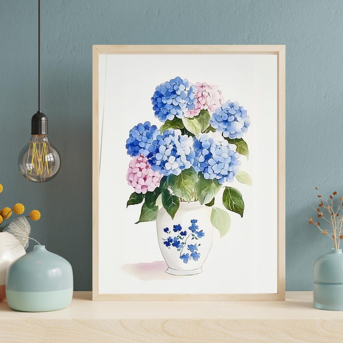 Blue And Pink Hydrangeas White Vase Watercolor Floral Poster - Image 4