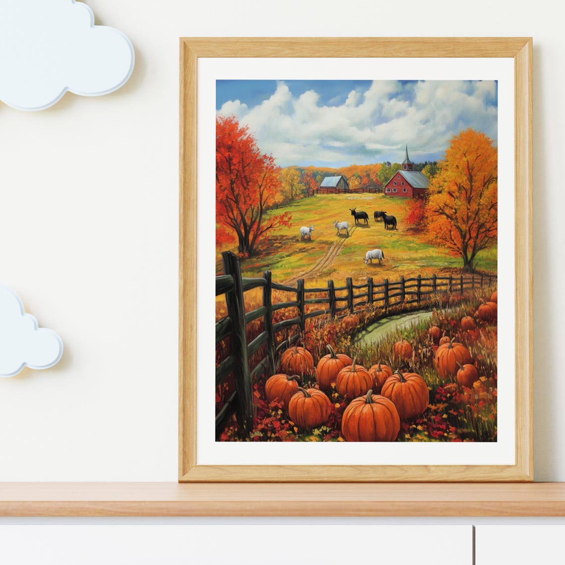 Autumn Farm with Red Barn Cows and Pumpkins Fall Painting Poster - Image 2